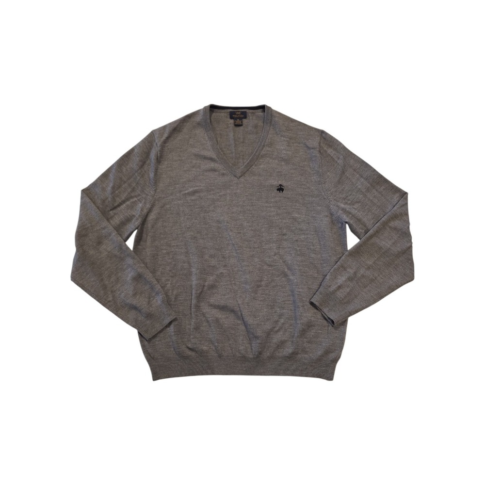 Brooks Brothers 346 Merino Wool V Neck Sweater Mens XL Gray Logo
